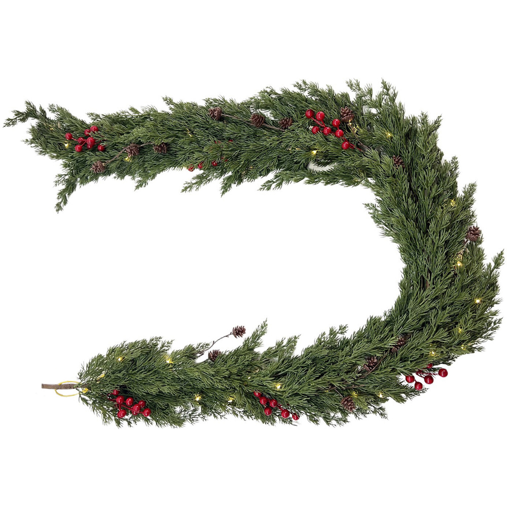Pre-Lit Red Berry Pinecone Garland Green Image 1