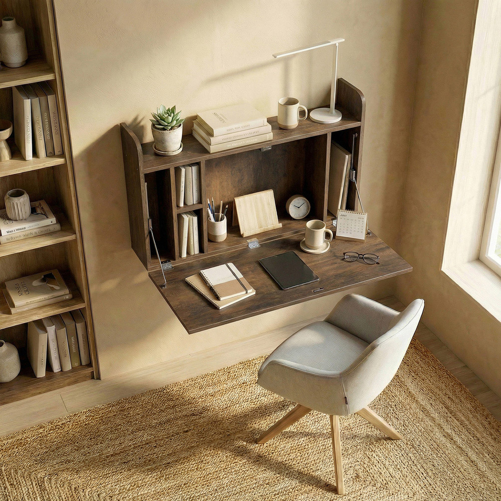 Portland Single Shelf Dark Brown Wall Mounted Table with Hidden Storage Compartments Image 4