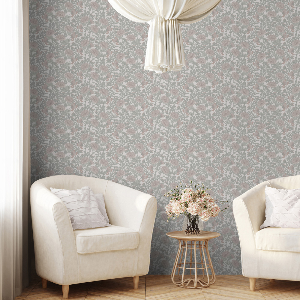 Muriva Martha Floral Green and Blush Wallpaper Image 7