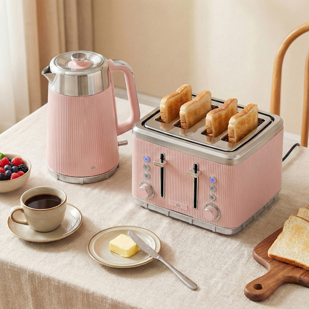 HOMCOM Pink 1.7L Rapid Boil Kettle and 4 Slice Toaster Set Image 2