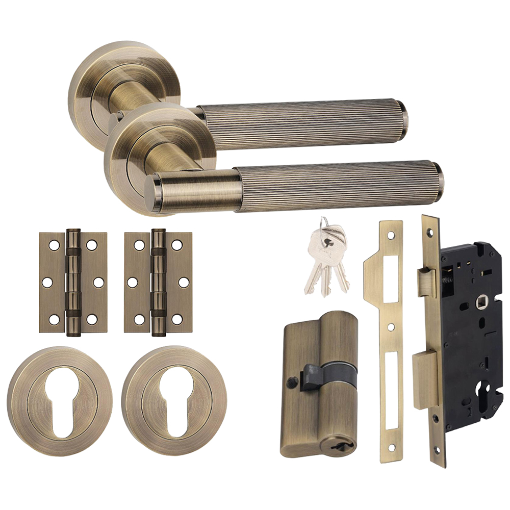 Golden Grace Antique Brass Straight T-Bar Linear Euro Lock Door Handle Set 70mm Image 1