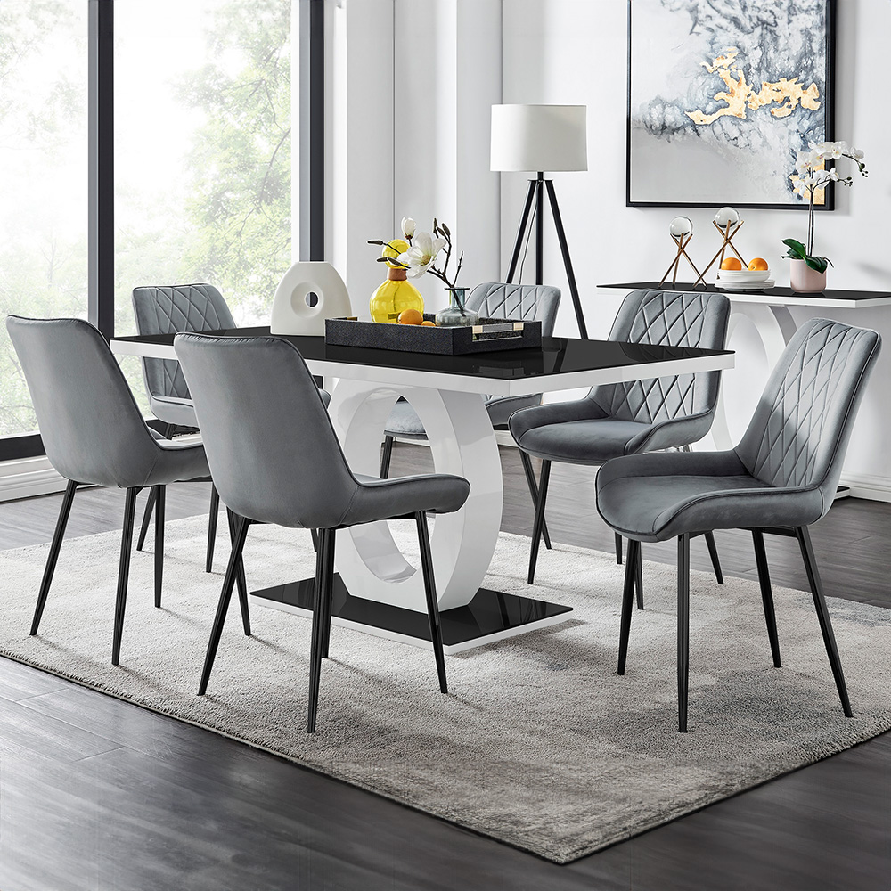Furniturebox Lucia Cesano 6 Seater Dining Set Black Gloss and Grey Image 1