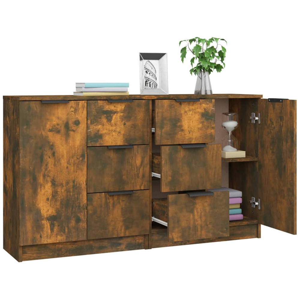 vidaXL Single Door 3 Drawer Smoked Oak Sideboard Set of 2 Image 3