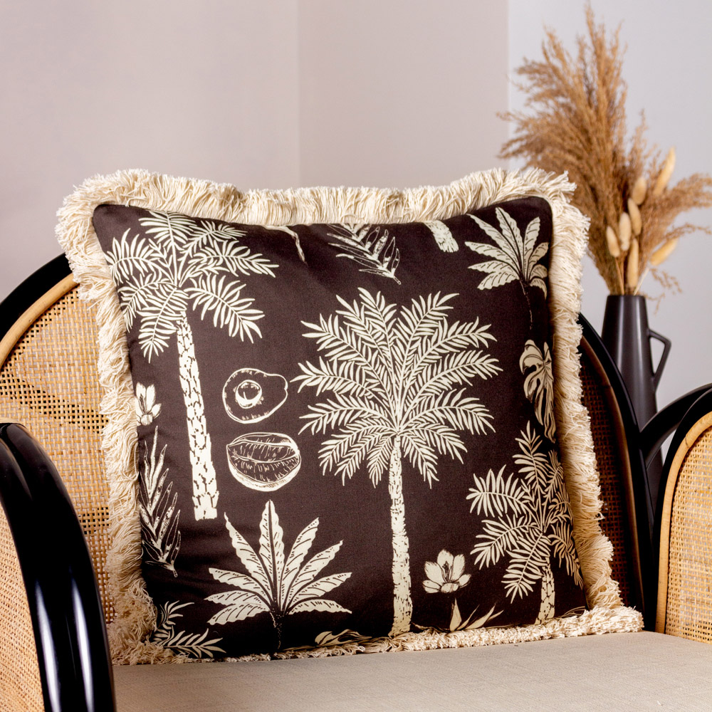 Paoletti Colonial Espresso Palm Fringed Cushion Image 2