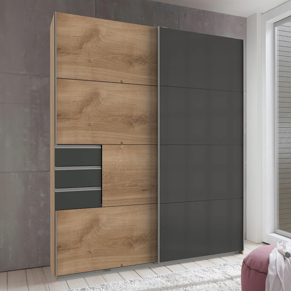 TJ'S Saigon Single Glass Door 3 Drawer Oak Black Wardrobe Image 1