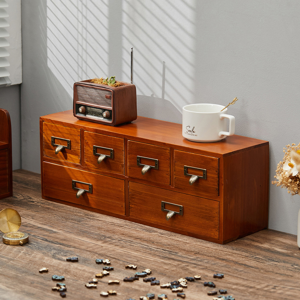 Living and Home 6 Drawer Retro Wooden Desktop Storage Organiser Image 5