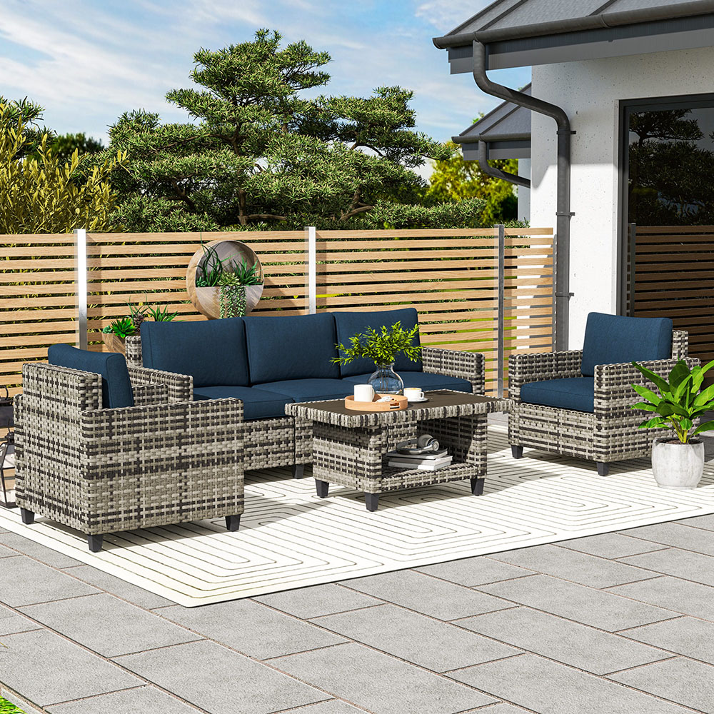 Outsunny 5 Seater Navy Blue Wicker Outdoor Furniture Set Image 1