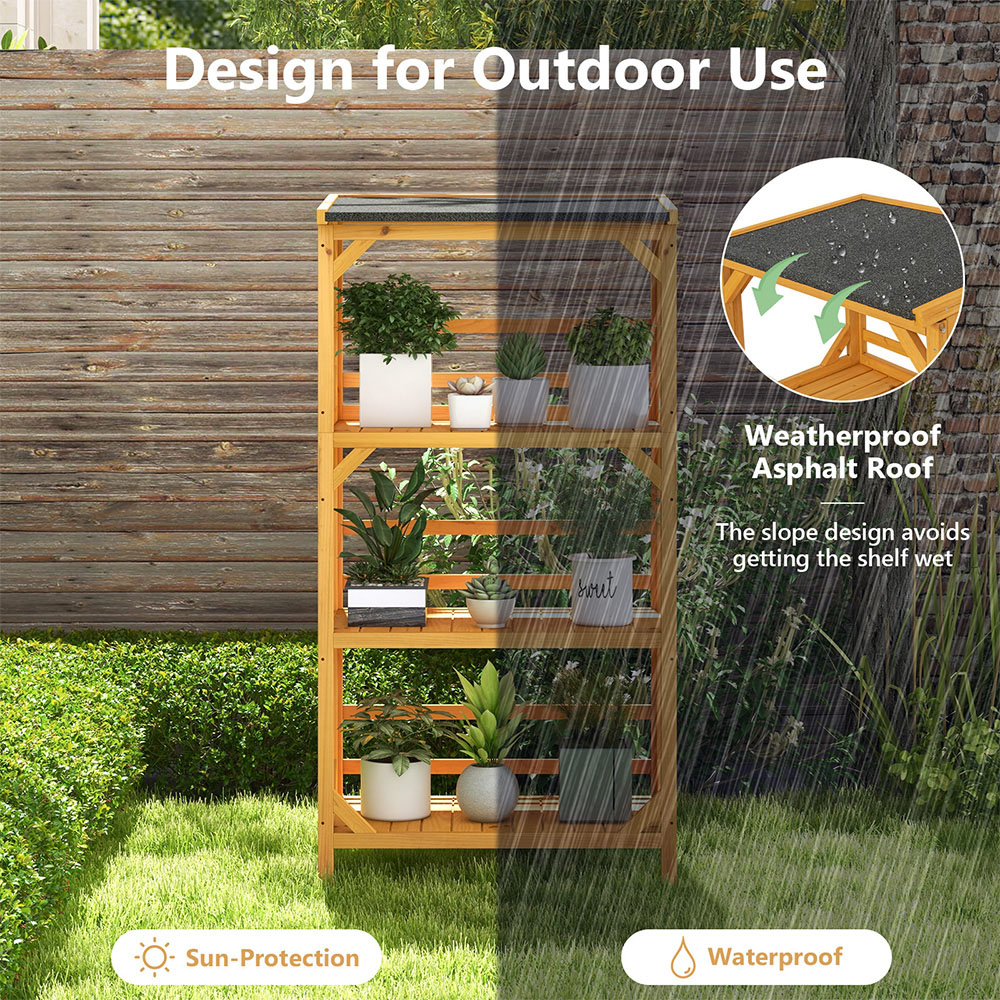 Costway 3 Tier Natural Garden Plant Stand with Weatherproof Roof Image 6