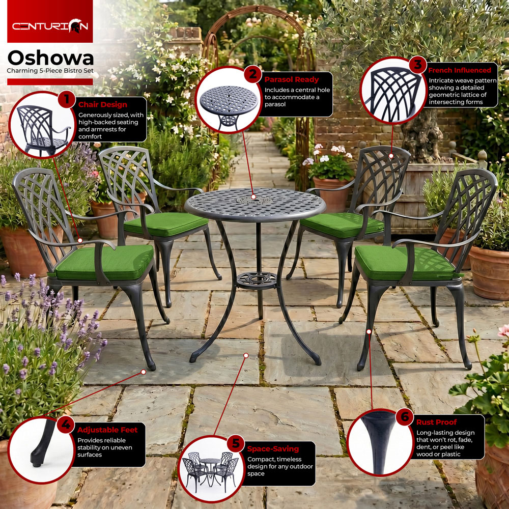 Centurion Oshowa 4 Seater Black and Green Cast Aluminium Garden Bistro Set with Cushions Image 5