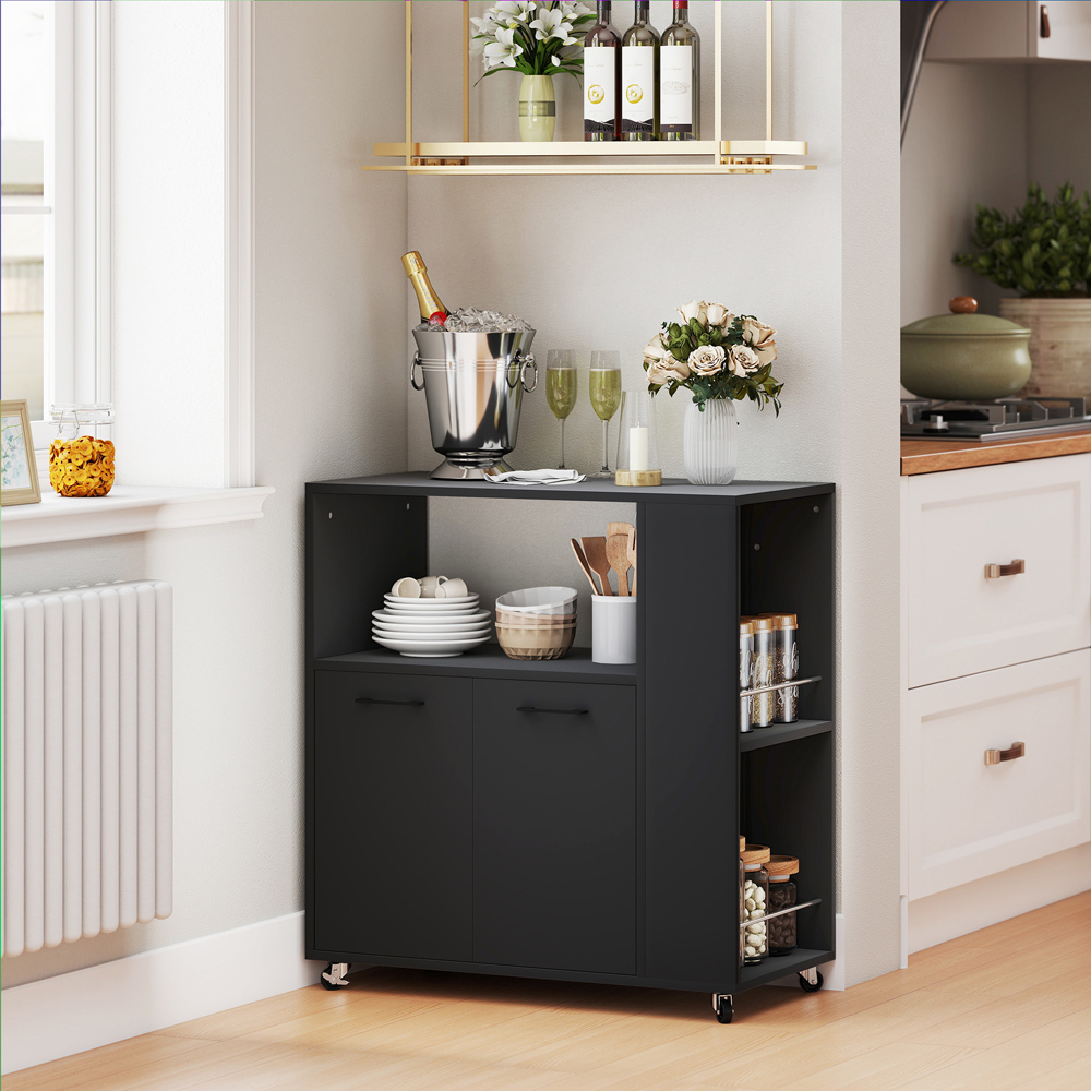 HOMCOM 2 Door Black Kitchen Island on Wheels with Spice Rack Image 3