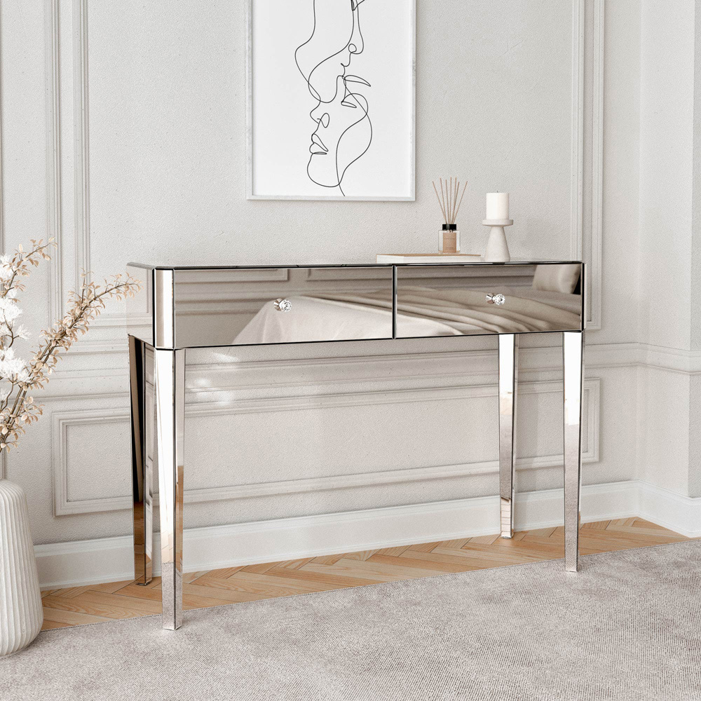CARME Home Ivy 2 Drawer Mirrored Silver Dressing Table Image 6