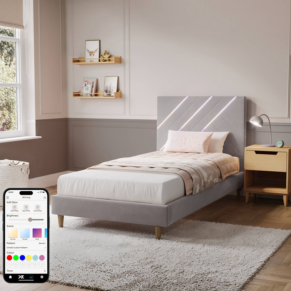 XR Living Lily Single Grey Velvet Bed Frame with App Controlled RGB LED Light Image 2
