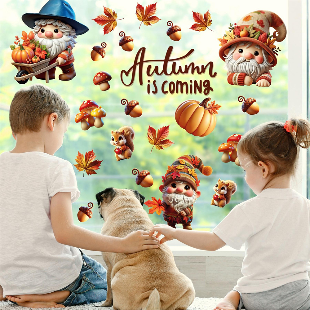 Walplus Halloween 111 Piece Autumn Whimsical Gnomes Window Cling Set Image 2