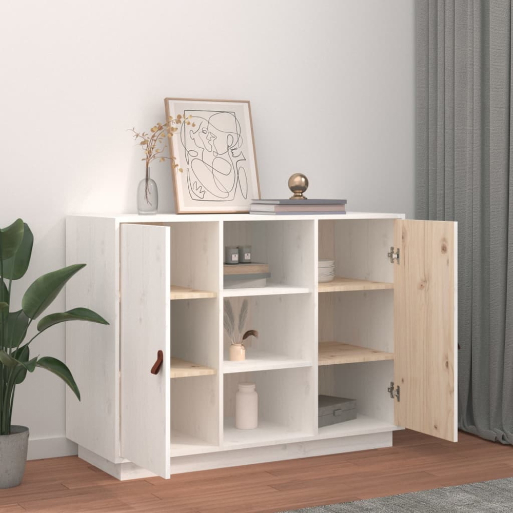 vidaXL 2 Door 3 Shelf White Solid Pine Wood Sideboard Image 8