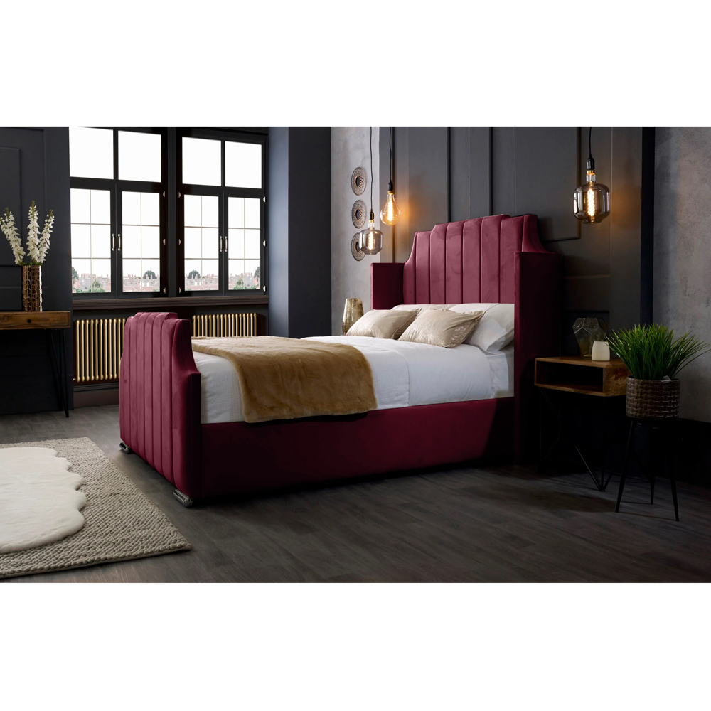 Eleganza Home Nelly Double Maroon Plush Velvet Bed Frame with Winged Headboard Image 3