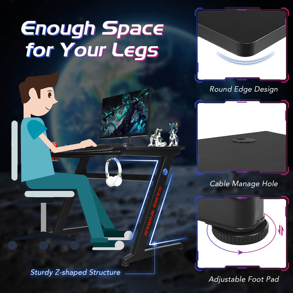 Costway Ergonomic Gaming Desk with Cup and Headphone Holder Image 8