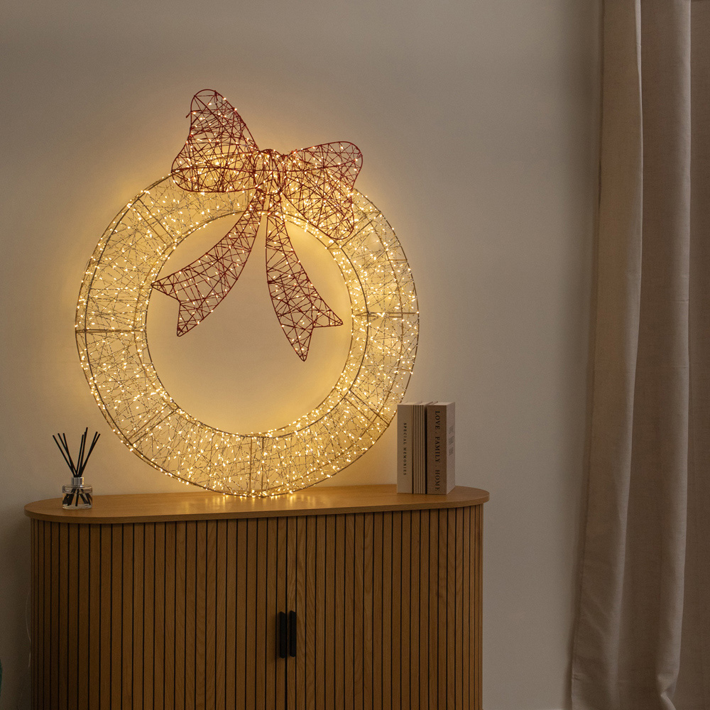 Samuel Alexander 1440 Warm White LED Gold Twist Christmas Wreath with Red Bow 90cm Image 4