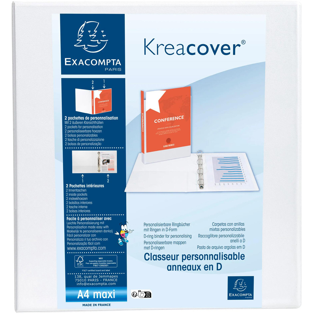 Exacompta Kreacover White Polypropylene Personal 2D Ring Binder with 3 Pockets 60mm 10 Pack Image 2
