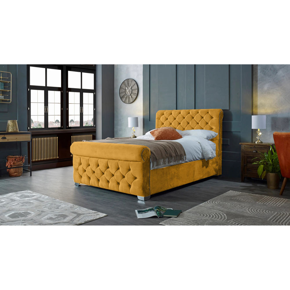 Eleganza Home Veneta King Size Mustard Plush Velvet Bed Frame with Chesterfield Headboard Image 4