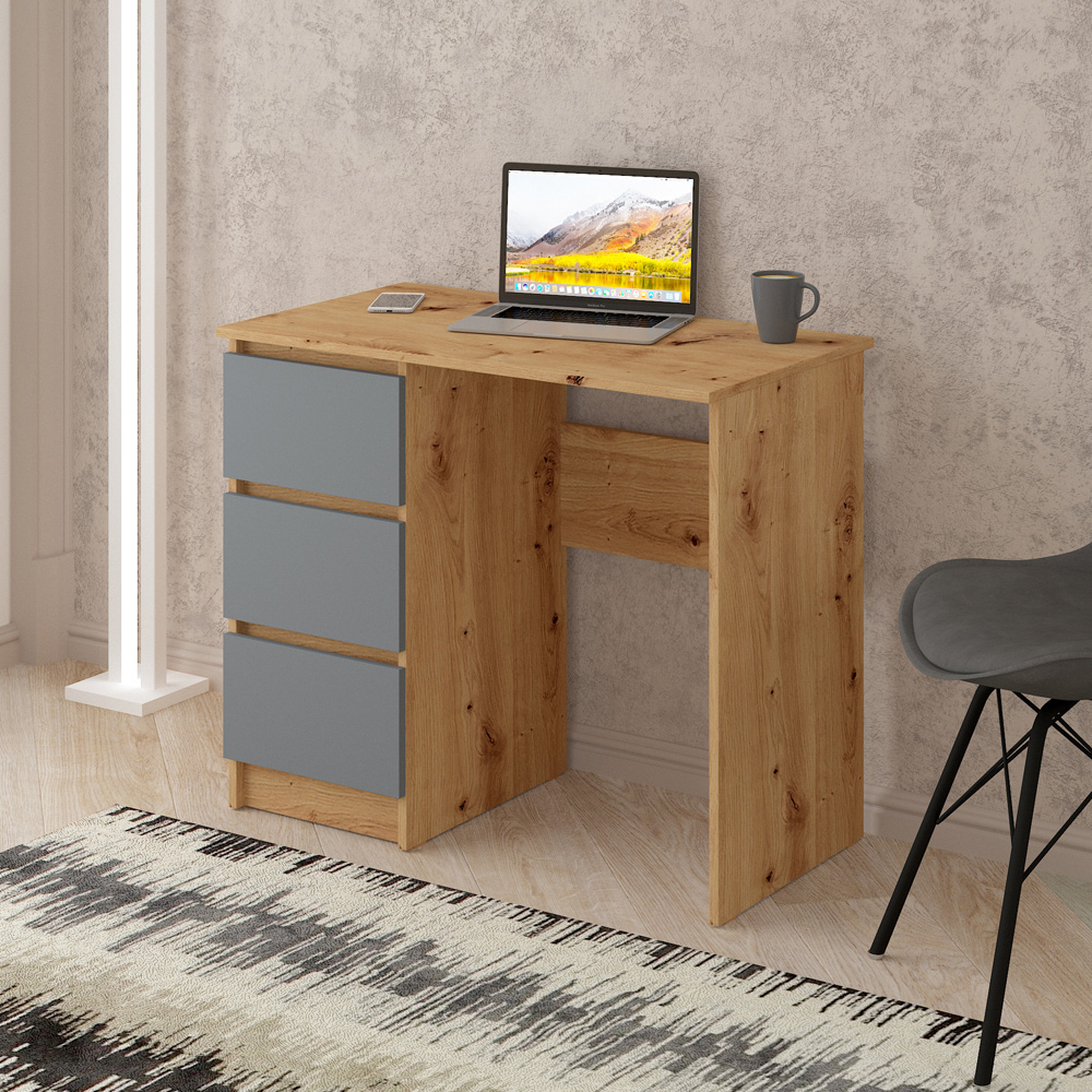 Shefa Cina 3 Drawer Compact Computer Desk Graphite and Artisan Oak Image 4