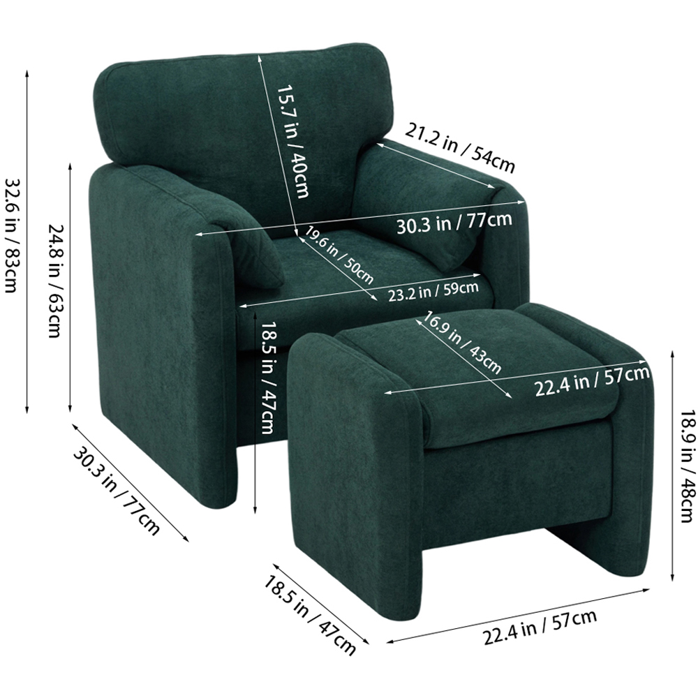 Living and Home Green Chenille Upholstered Armchair with Footstool Image 8