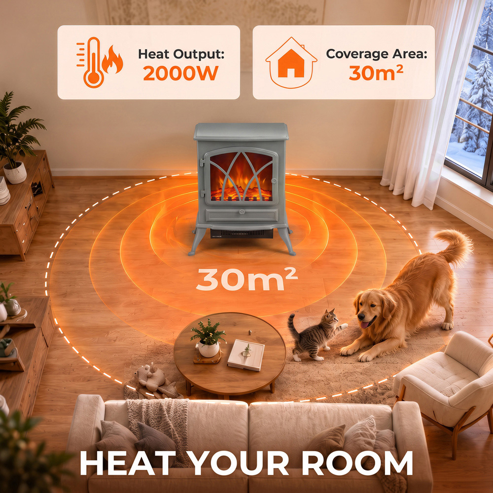HOMCOM Grey Freestanding Fireplace Log Burner with LED Flame Effect Image 6