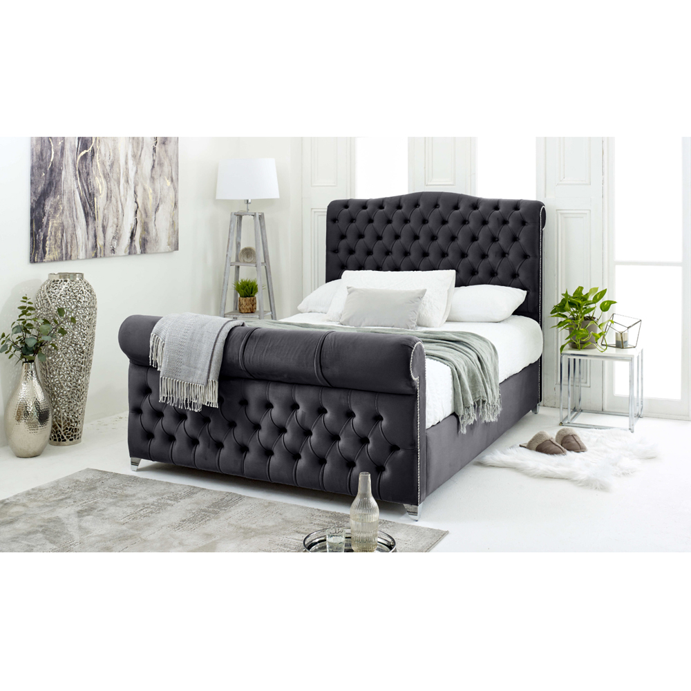 Eleganza Maynard Single Steel Plush Velvet Bed Frame with Matching Buttons Image 3