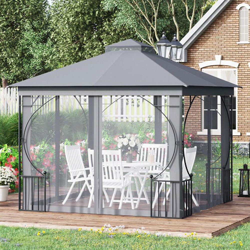 Outsunny 3 x 3m Light Grey Steel Frame Gazebo with Mesh Curtains Image 1
