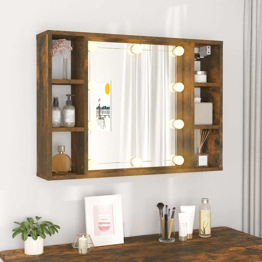 vidaXL 6 Shelf Smoked Oak LED Mirror Cabinet Image 7