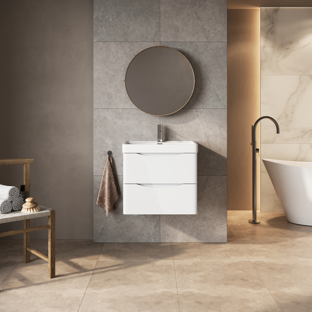 Go Bathrooms Eaton 2 Drawer White Gloss Wall Hung Vanity Unit with Resin Basin 600mm Image 3