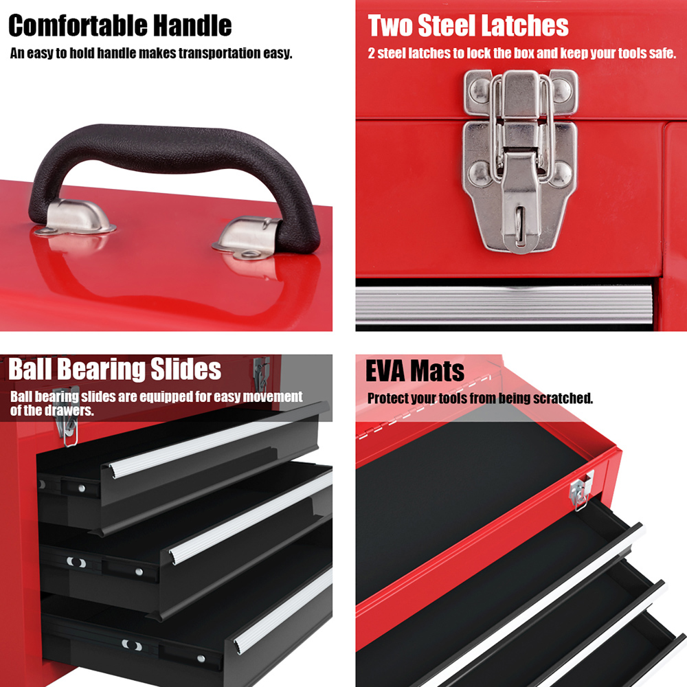 Costway 3 Drawer Red and Black Portable Steel Tool Box Image 7