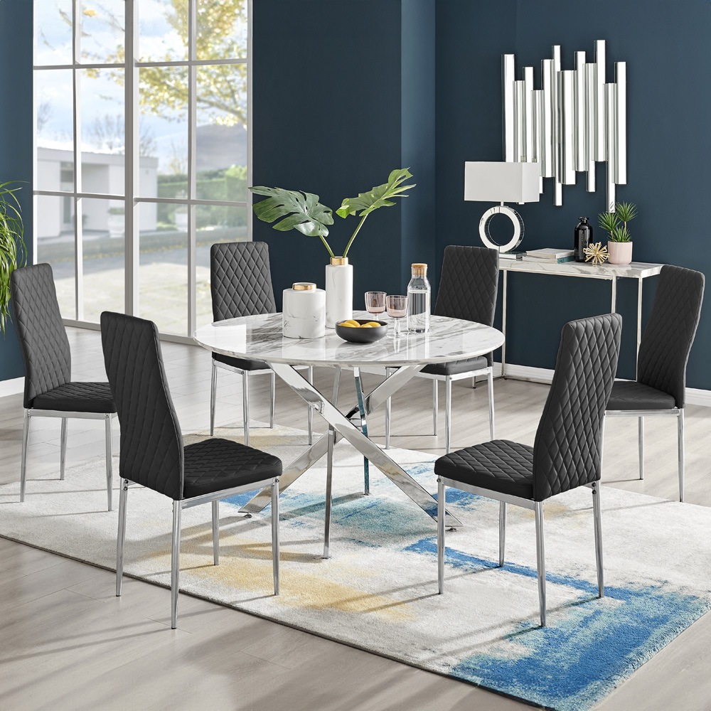 Furniturebox Arona Valera Marble Effect 6 Seater Round Dining Set White Black and Chrome Image 1