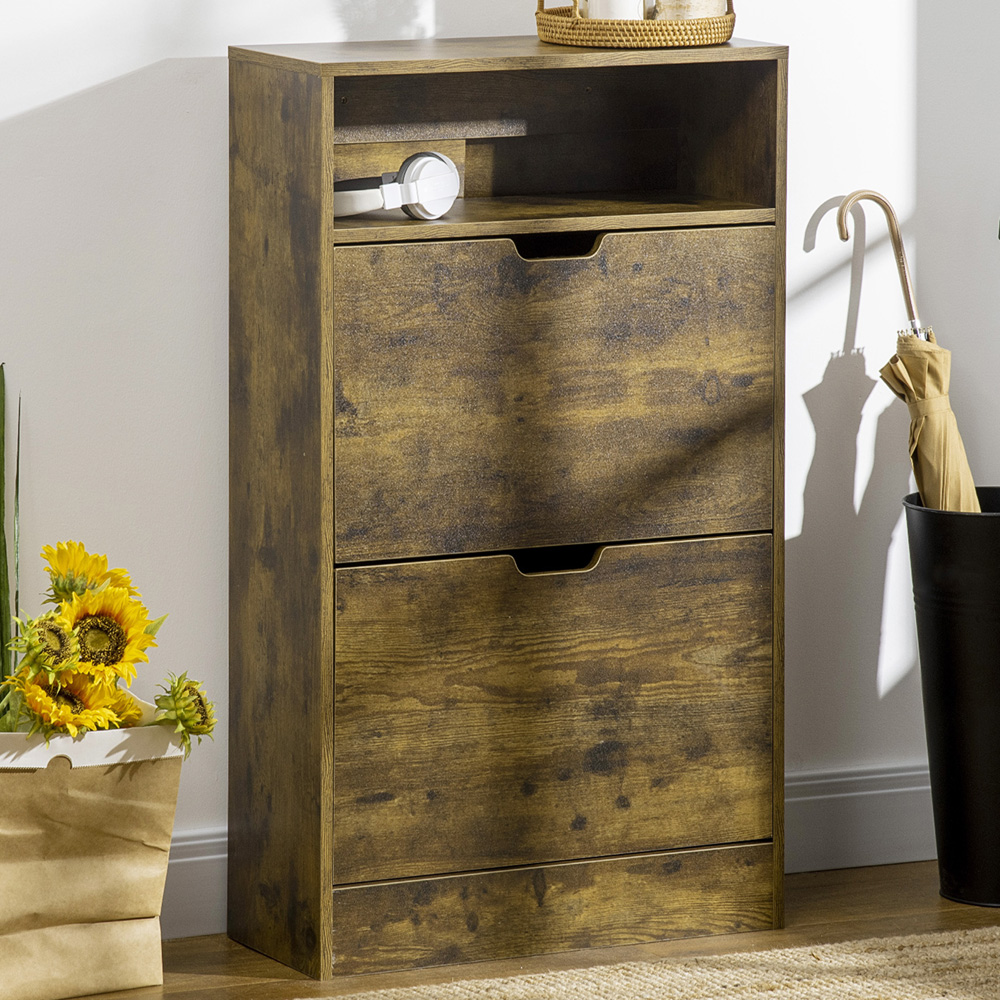 Portland 2 Tier Rustic Brown Shoe Cabinet Image 1