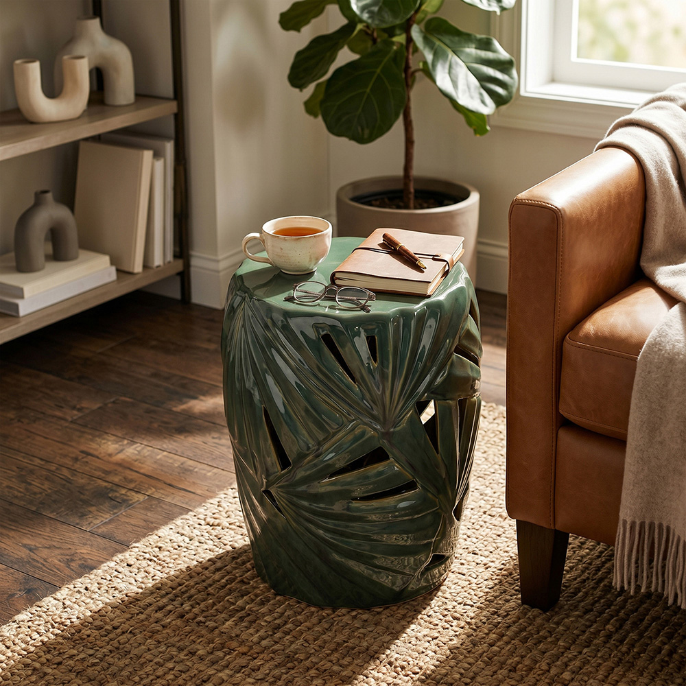 Premier Housewares Sorrell Green Glaze Palm Leaves Design Ceramic Table Image 4