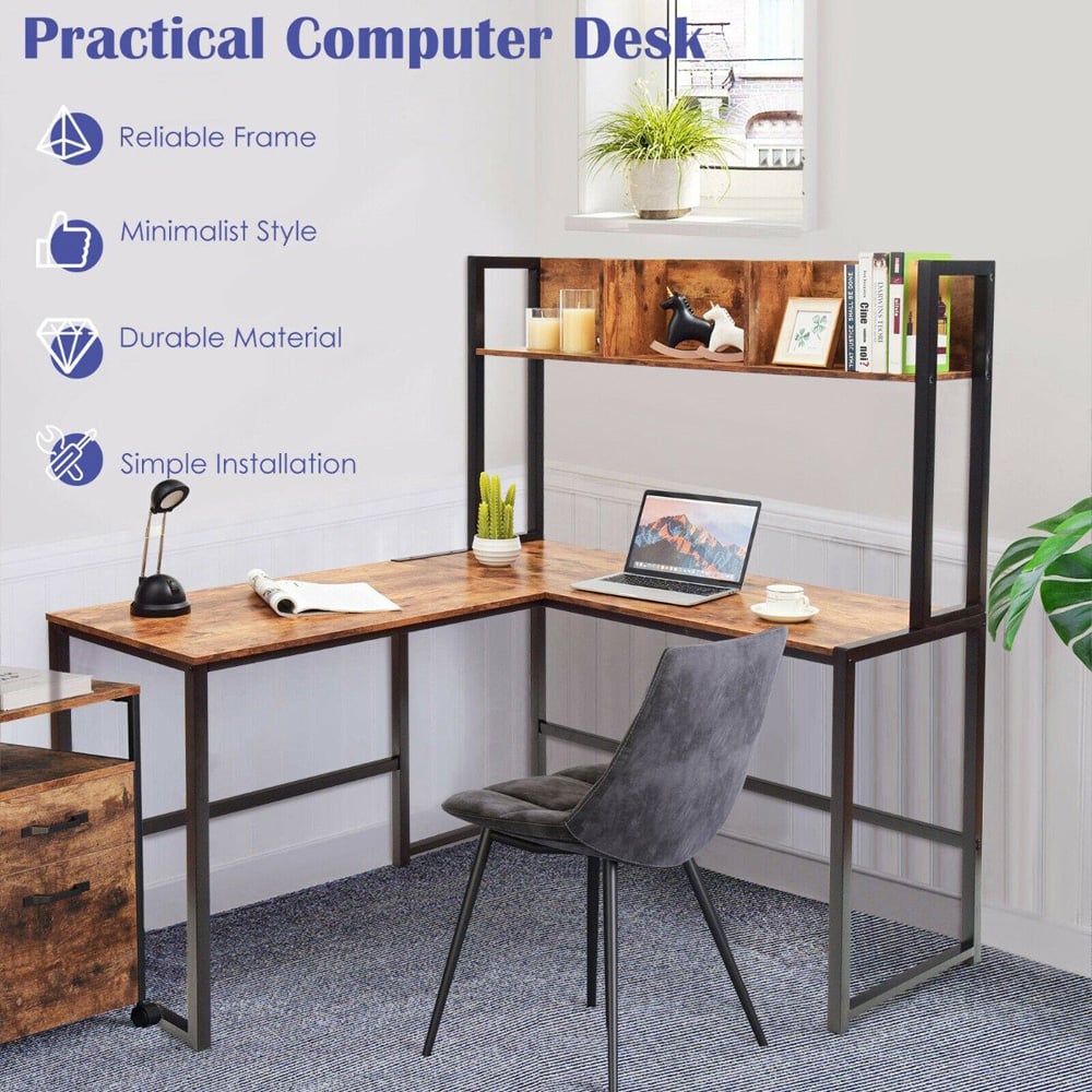 Costway 3 Shelf L Shaped Corner Computer Desk Brown Image 4