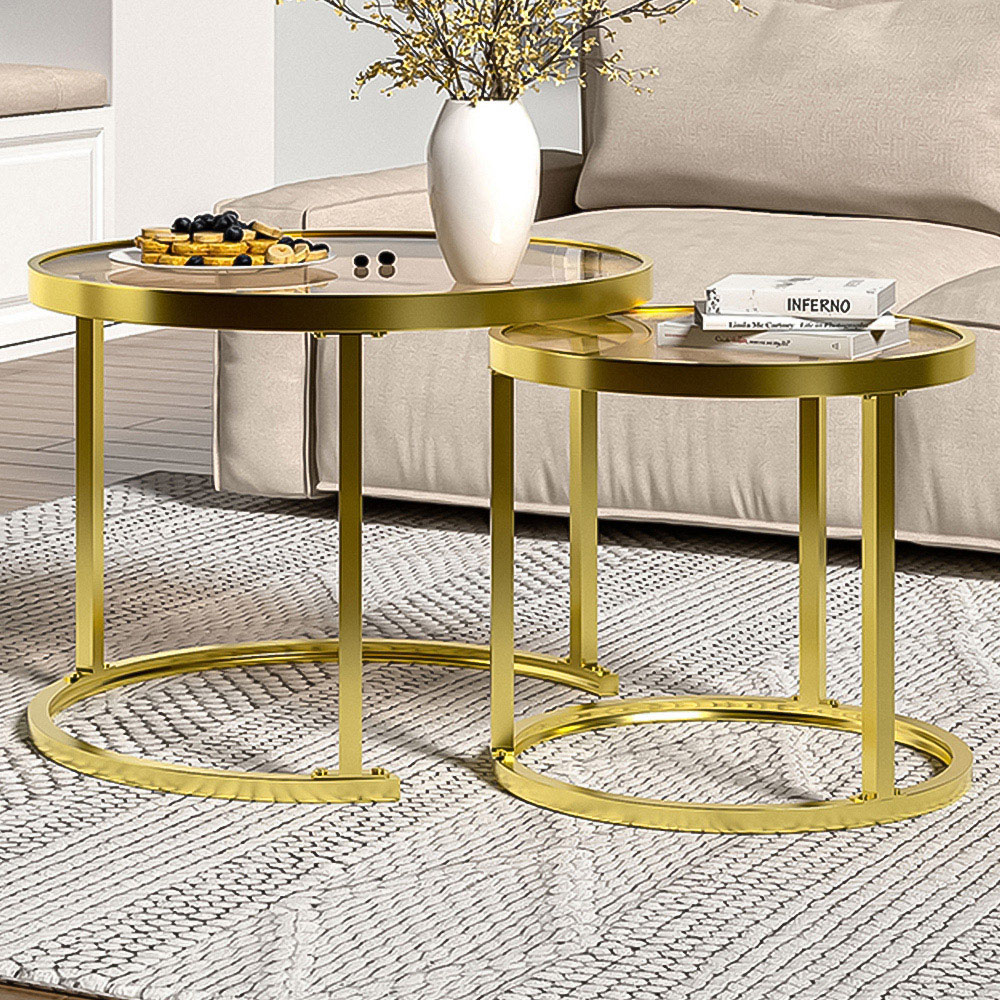 Living and Home Round Gold Glass Nesting Tables Set of 2 Image 1