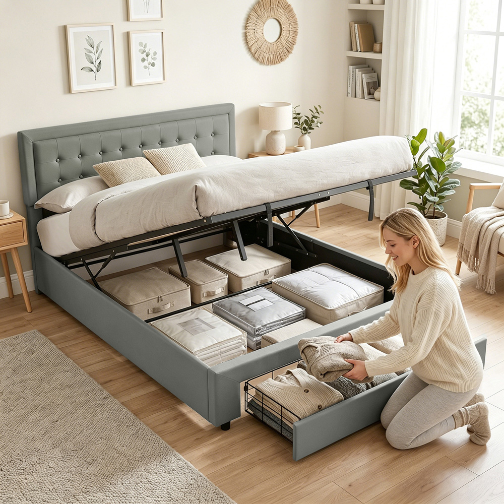 HOMCOM King Size Grey Bed Frame with Storage and Adjustable Headboard Image 2