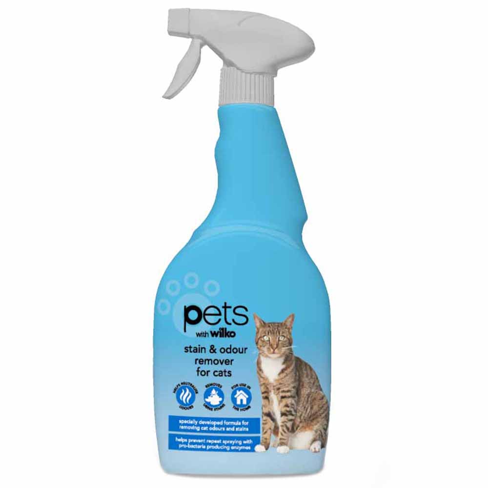 Wilko Stain & Odour Remover for Cats 750ml Our Stain and Odour Remover for Cats is a professional strength formula that contains non-pathogenic bacteria producing enzymes to eliminate tough cat stains and odours. With three times the concentration to eliminate organic stains and odours including urine, blood, vomit, faeces, dirt, grass, it quickly neutralises odours instead of covering them up. Effective on old and new problem areas.Directions for use:Shake bottle well. Before use, apply a small amount to an inconspicuous area to test for colour fastness, and allow test to completely dry and observe for any colour change. Remove excess solid or liquid waste with a paper towel, then saturate the problem area. Refer to packaging for complete instructions.If treating carpet: Cover two times the carpet area to be sure to use enough product to reach the carpet backing and padding. Allow the product to penetrate the surface, then blot excess moisture with a clean white cloth or paper towel. Let dry naturally. Once the area is completely dry, any residual odour will disappear.Laundry pre-wash: Apply to the dirty area, let sit for five minutes. Wash as recommended.Carpet Cleaning Machines: To improve your machine’s spot cleaning power, add 40ml to one Litre of shampoo and water mixture. Ideal for any water-safe surface: Rugs, carpeting, upholstery, fabrics, tile, moulding, grout, plastic, vinyl, concrete, mattresses and more. For wood flooring, please follow the supplier and/or manufacturer’s recommendations. Not suitable for use on leather surface.