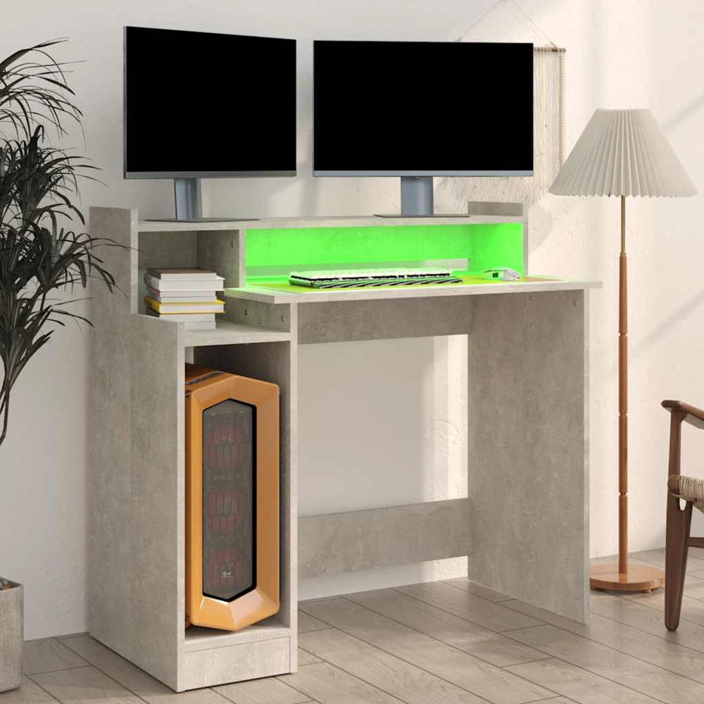 vidaXL 3 Shelf LED Light Computer Desk Concrete Grey | Wilko