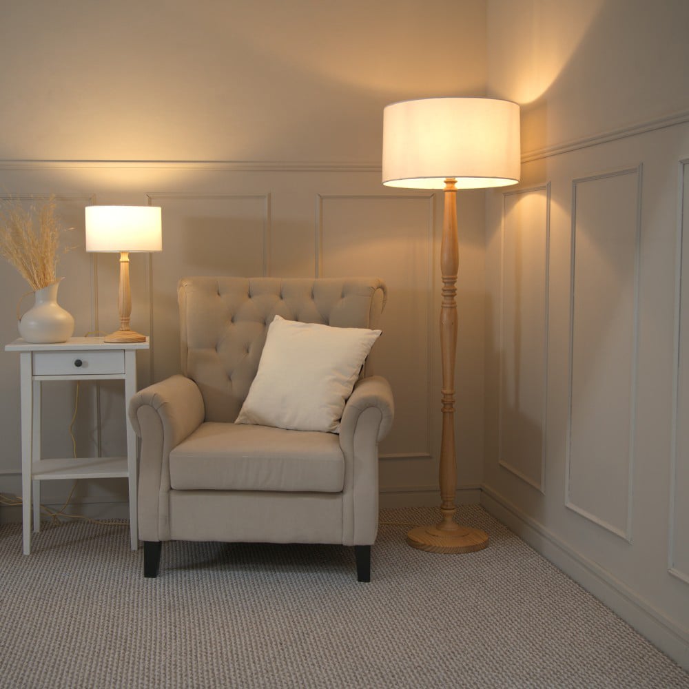 ValueLights Victoria White Fabric Drum Shade Light Wood Traditional Stem LED Table Lamp Image 4