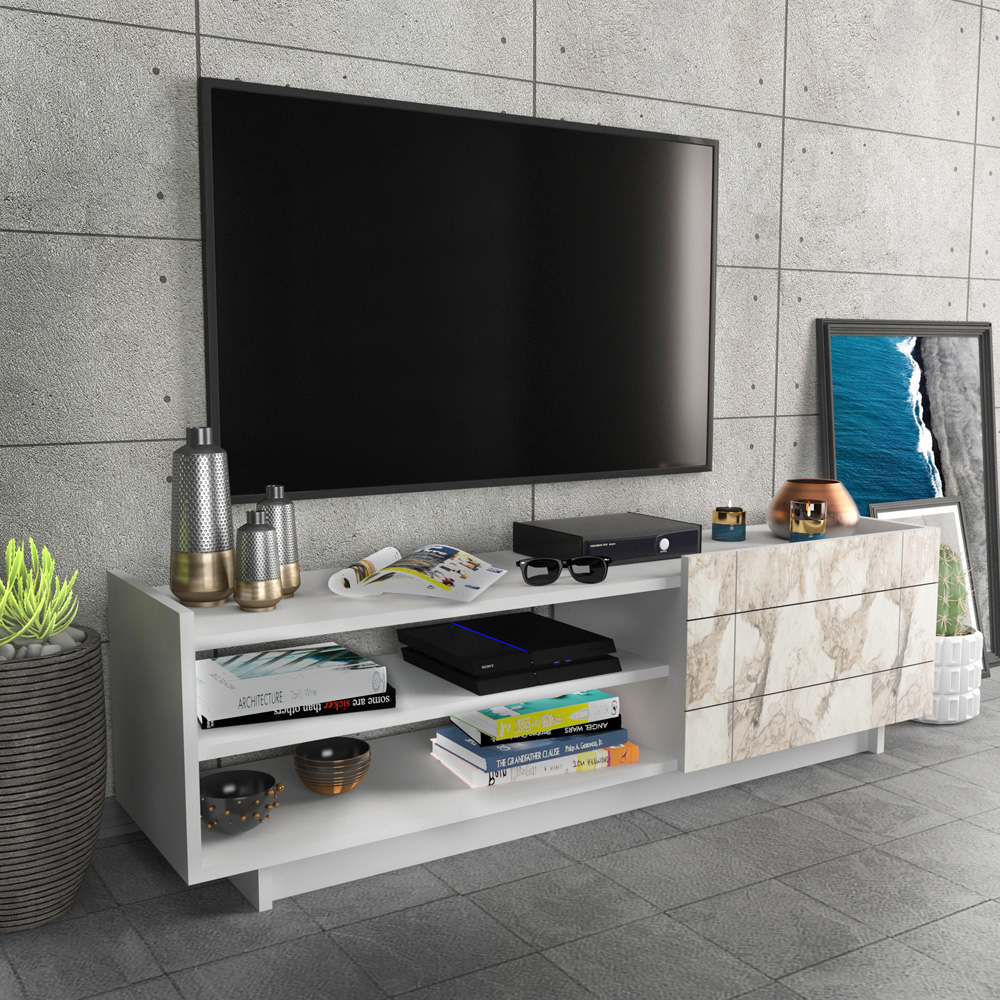 Decorotika Valantina Single Door 2 Shelf White Marble Effect and White TV Unit Image 5