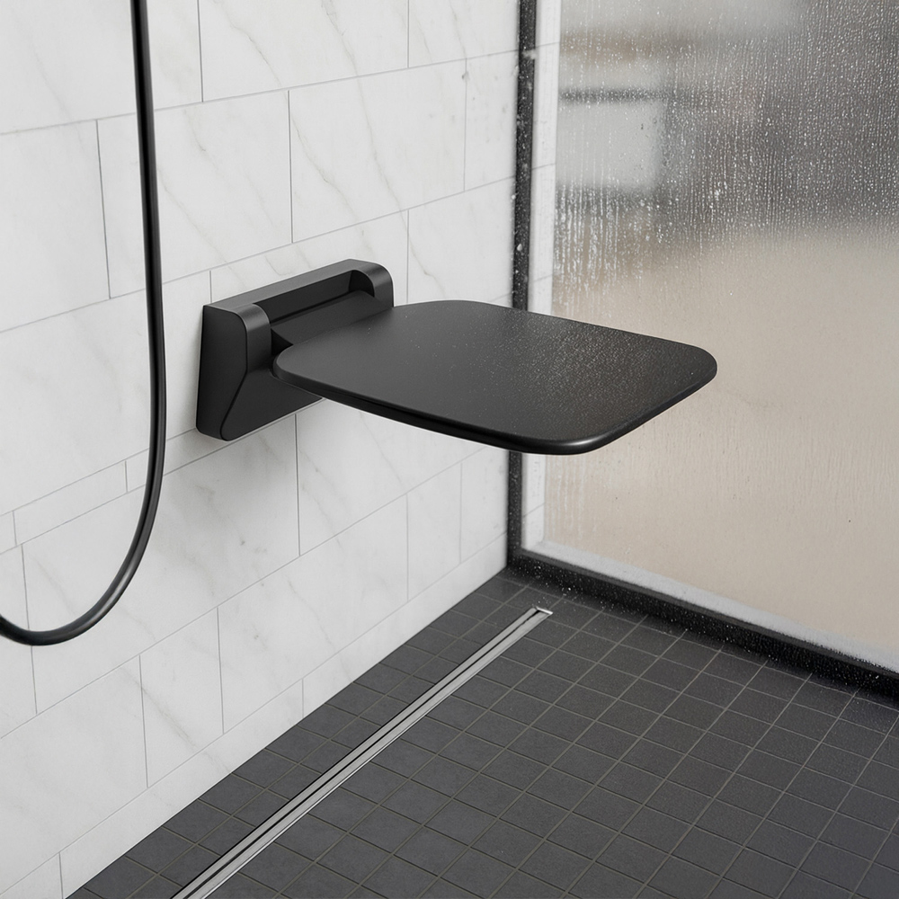 Go Bathrooms Matt Black Plastic Modern Wall Mounted Heavy Duty Shower Seat Image 2