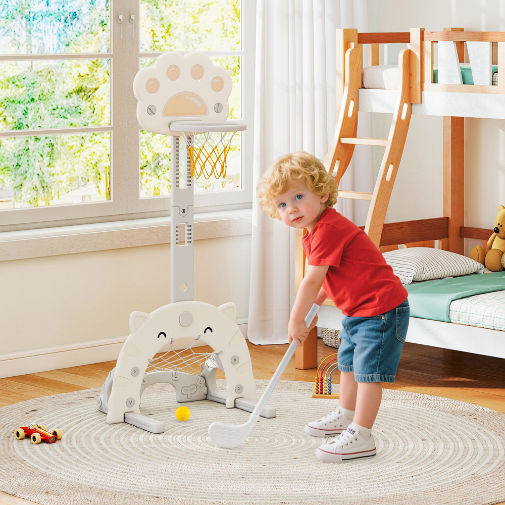 Costway 3-in-1 Kids White Adjustable Basketball Hoop Sports Centre with Soccer Game Image 2