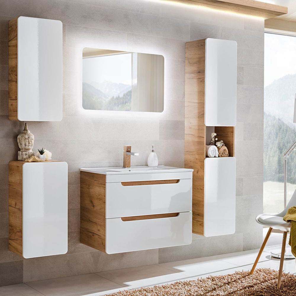 Impact Furniture Aruba White Gloss and Oak Wall Mounted Bathroom Vanity Unit with Sink 600mm Image 7