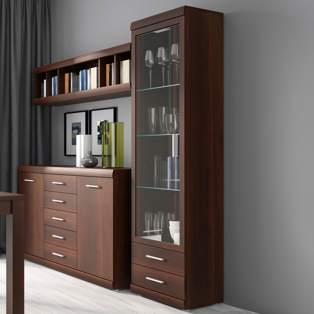 Florence Imperial Single Door 2 Drawer Dark Mahogany Narrow Glazed Cabinet Image 1