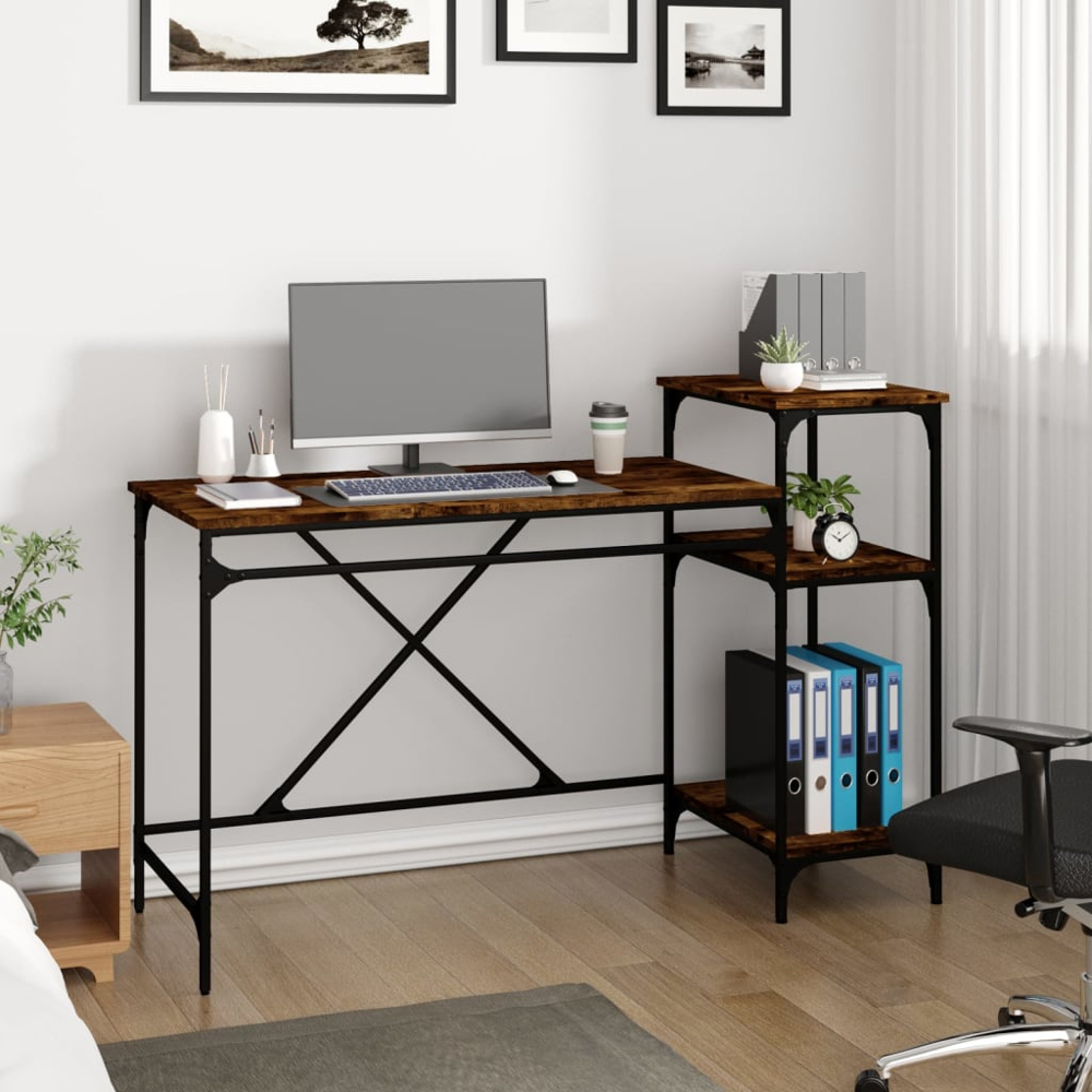 vidaXL 3 Shelf Desk Smoked Oak Image 7
