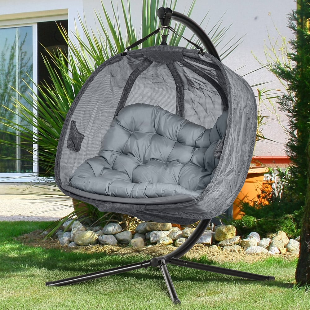 Outsunny 2 Seater Grey Egg Chair with Cushions Image 1