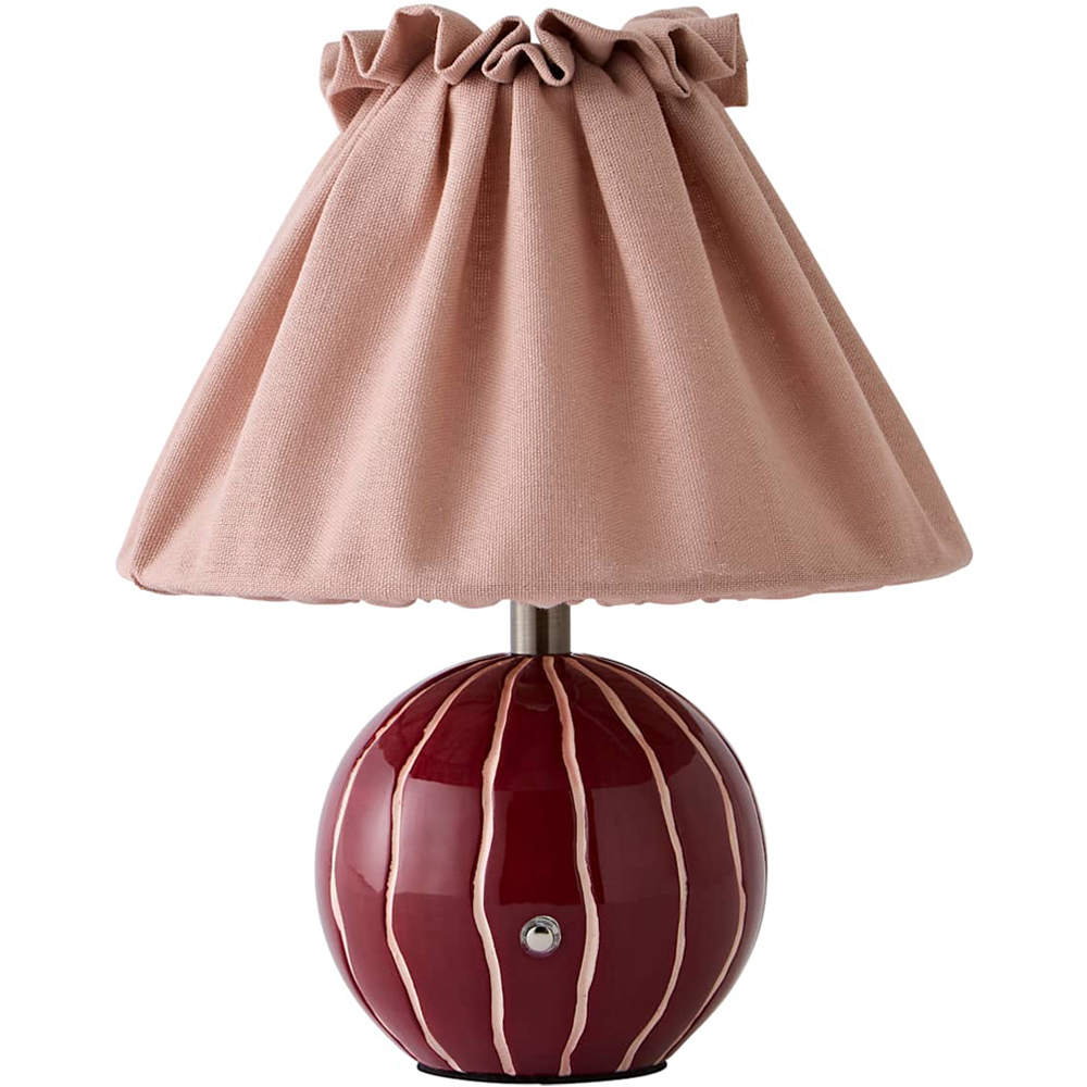 ValueLights Elma Pleated Linen Burgundy Stripe Ceramic Rechargeable Table Lamp Image 1