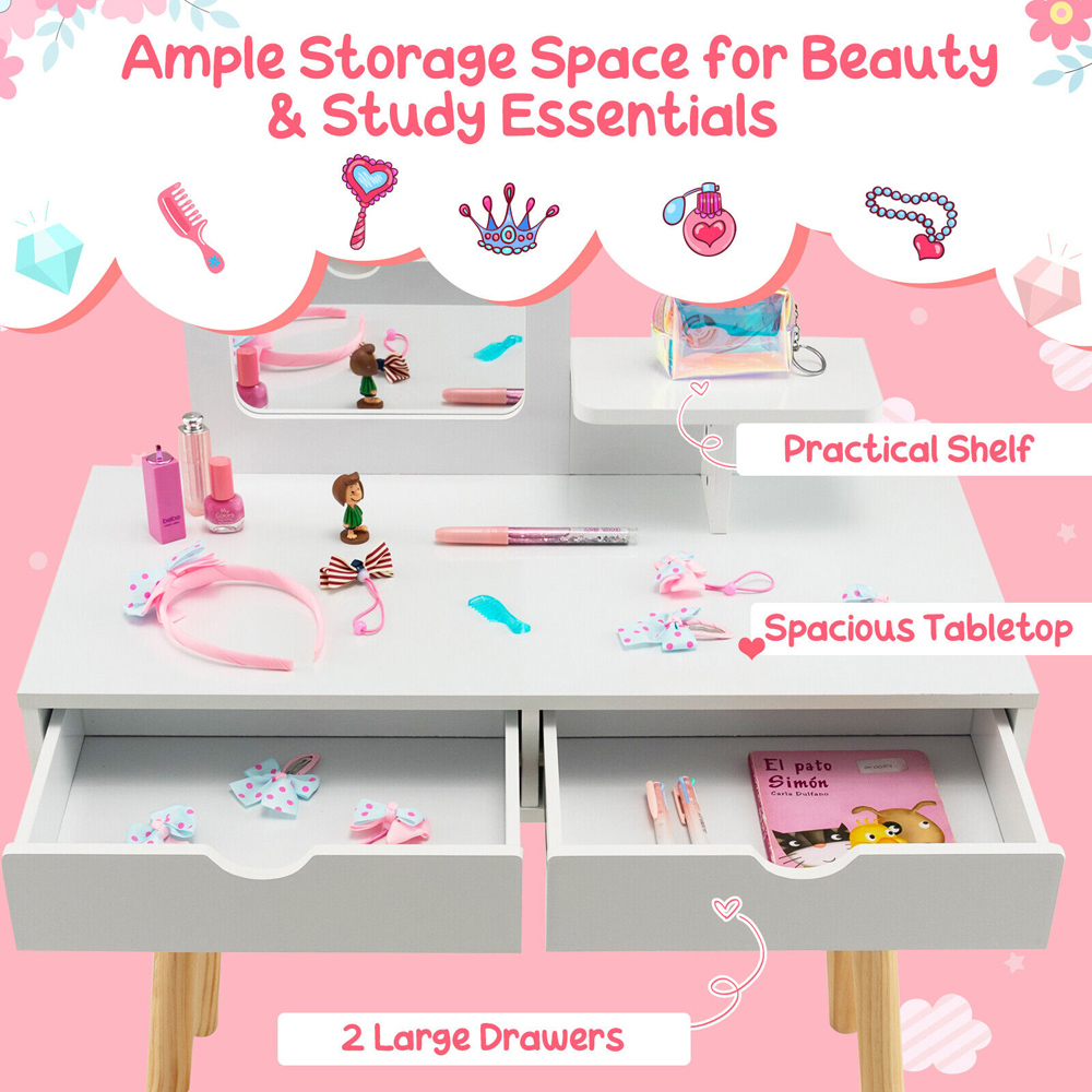 Costway White Kids Vanity Table and Stool Set with Mirror Image 5