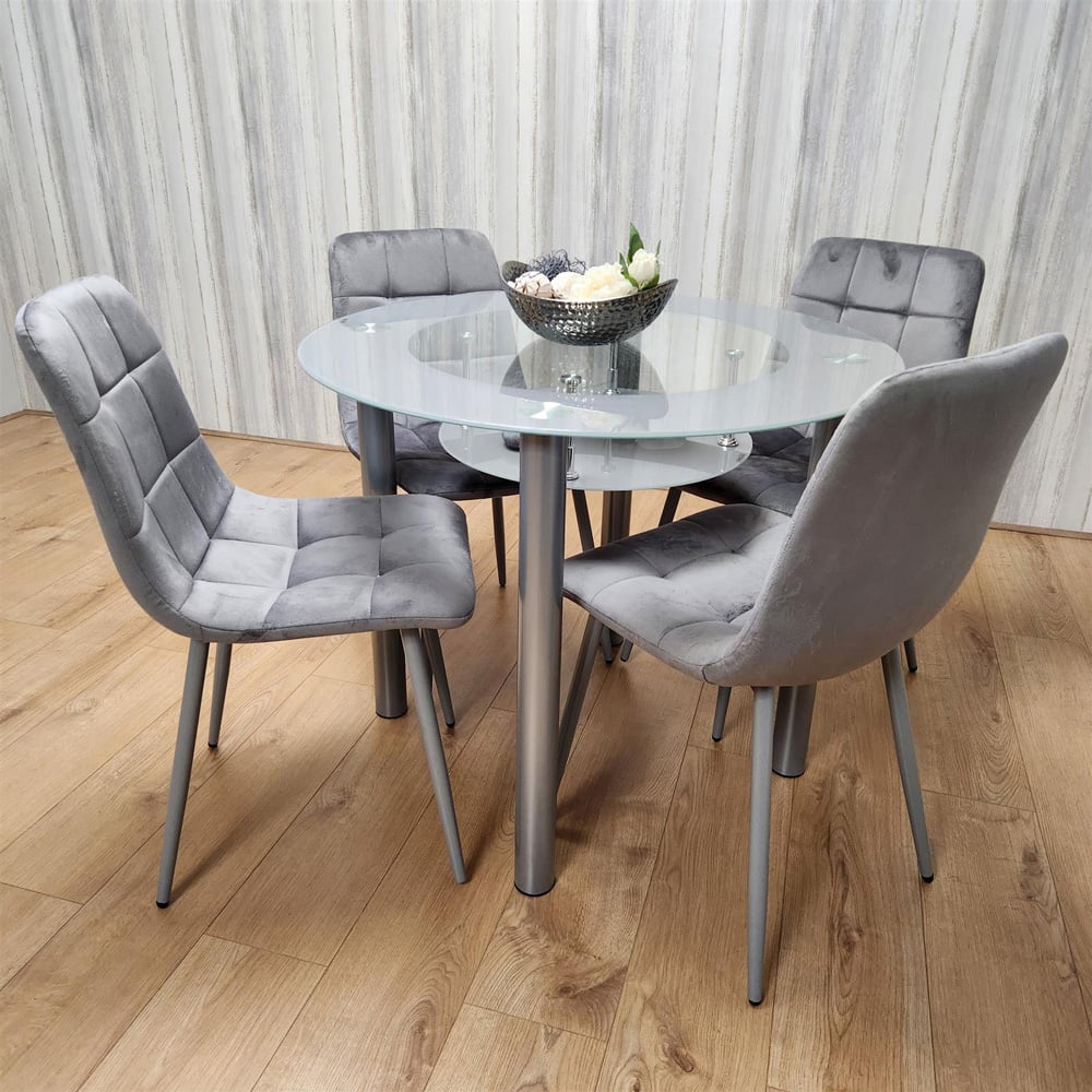 Portland Rocco 4 Seater Round Glass Velvet Dining Set Grey Image 1
